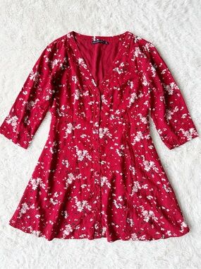 Abercrombie & Fitch Woman Red Floral V-Neck Button Front Flowy Mini Dress SMALL
